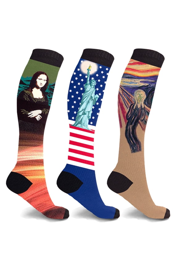 3-Pair Compression socks Knee High for Men and Women - Made for Walking, Standing and Travel - Art Edition