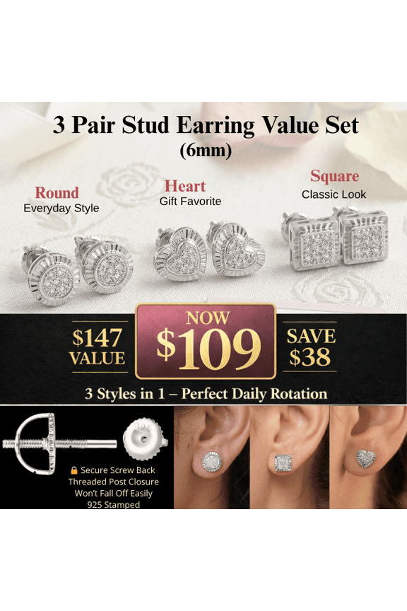 3 Pair Diamond Stud Earrings Set 6mm – 925 Sterling Silver Screw Back (Round Square Heart)