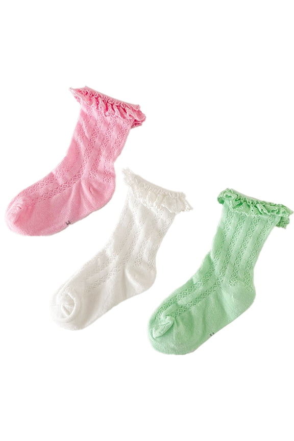 3 Pair Girls Cotton Mesh Socks Princess Dress solid color Socks For Toddler Kids Child 1-12 Years,L