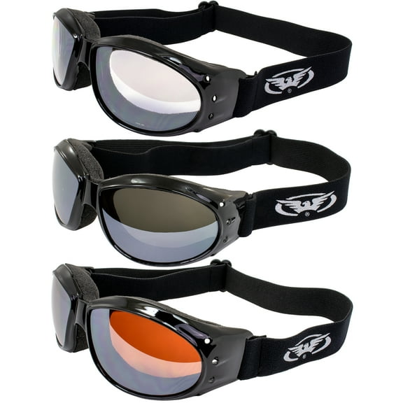 3 Pair Global Vision Eliminator Dirt Bike Padded Motorcycle Riding Goggles ANSI Z87.1 Anti-Fog Black Frames Clear, Flash & Driving Mirror Lenses