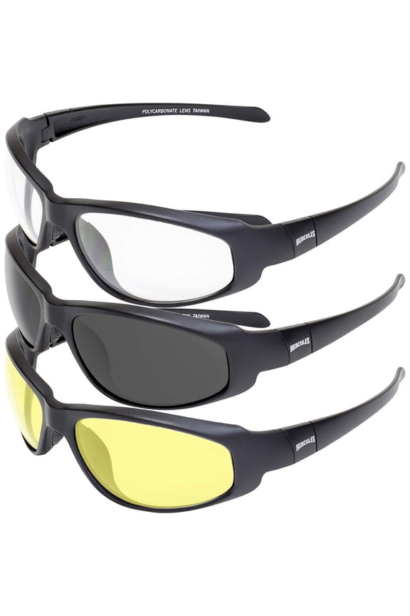 3 Pair Global Vision Hercules-2 Series Sport Safety Riding Sunglasses Black Frame with Clear, Smoke, and Yellow Lenses