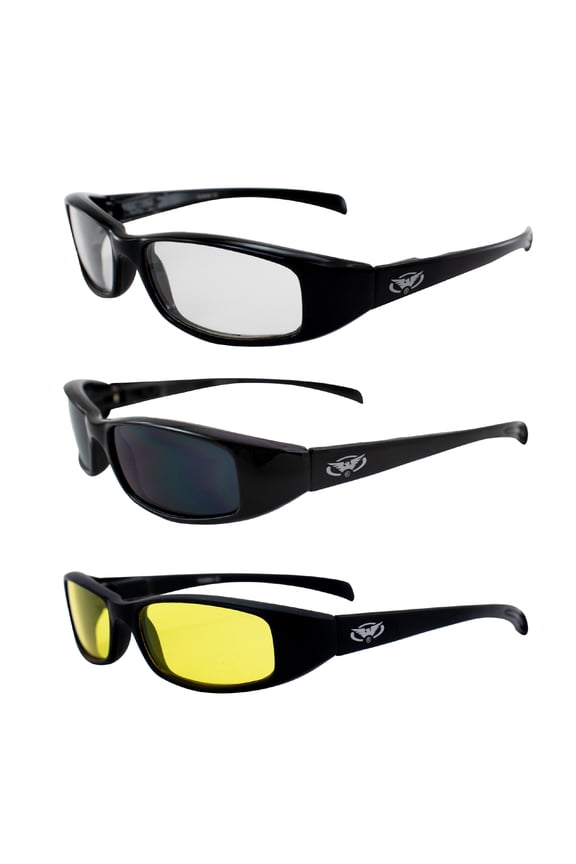 3 Pair Global Vision New Attitude Black Sport Motorcycle Riding Sunglasses 1 with Clear Lens 1 with Smoke Lens and 1 with Yellow Lens