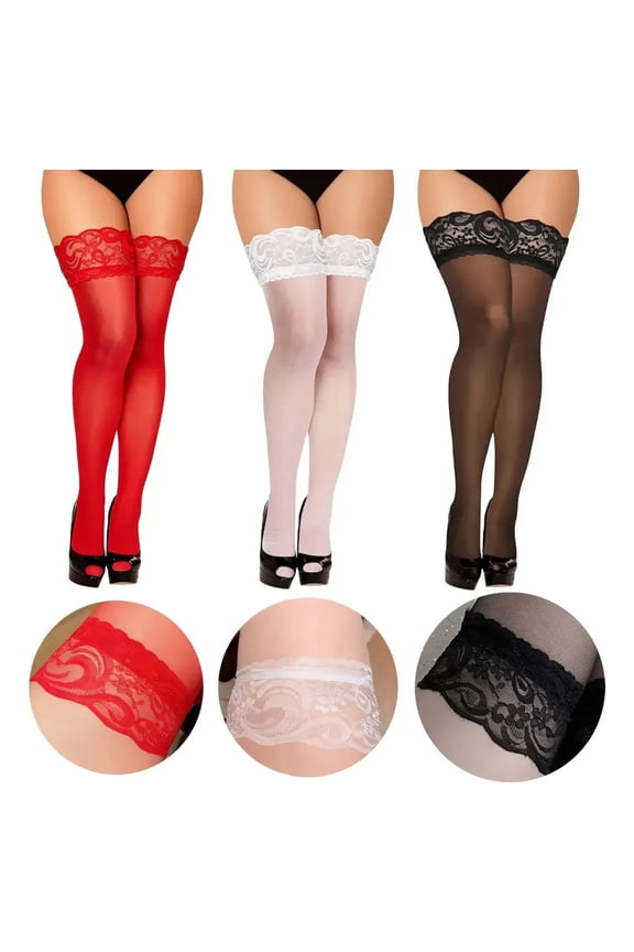 3 Pair Lace Pantyhose Stockings With Smooth Silicone Thigh Lady White/Black/Red One Size