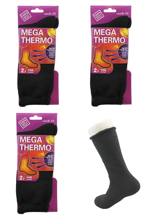 3 Pair Ladies Black Heat Zone Heated Socks Thermal Insulated Boot Socks 100% Mega Brush