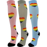 3 Pair Large/X-Large Colorful Design Moderate Graduated Compression Socks 15-20 mmHg. Rainbow Hearts Designs