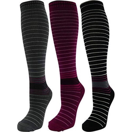 3 Pair Large/X-Large Colorful Moderate Graduated Compression Socks 15-20 mmHg. Mens and Womens Style & Grey, Black, Purple Striped Designs