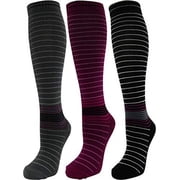 3 Pair Large/X-Large Colorful Moderate Graduated Compression Socks 15-20 mmHg. Mens and Womens Style & Grey, Black, Purple Striped Designs