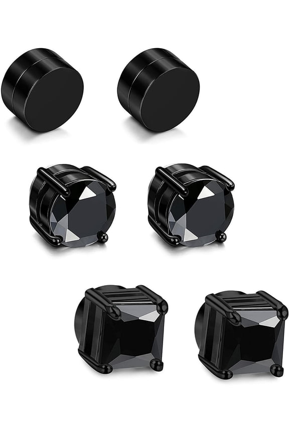 3 Pair Men Women Stainless Steel Magnetic Stud Earrings Non-Piercing Clip on Black Silver E41