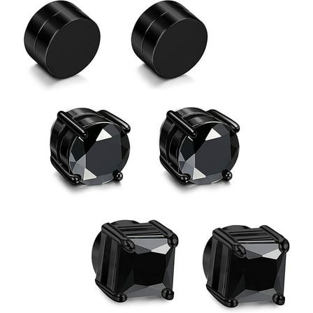 3 Pair Men Women Stainless Steel Magnetic Stud Earrings Non-Piercing Clip on Black Silver E41