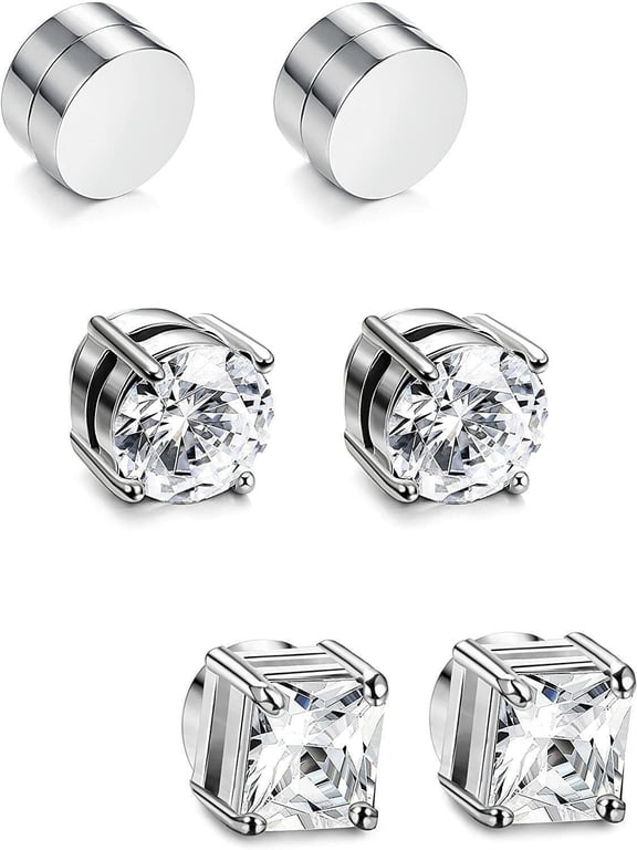 3 Pair Men Women Stainless Steel Magnetic Stud Earrings Non-Piercing Clip on Black Silver E41