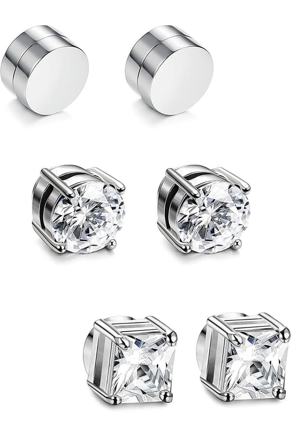 3 Pair Men Women Stainless Steel Magnetic Stud Earrings Non-Piercing Clip on Black Silver E41