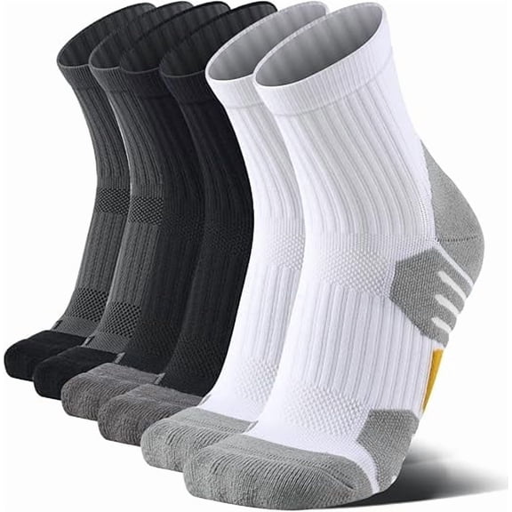 3-Pair Men's Quarter Crew Socks Size 9-12 - Arch Support Hiking Socks: Moisture-Wicking Terry Footbed, Breathable Cotton Blend Black/Grey/White Socks