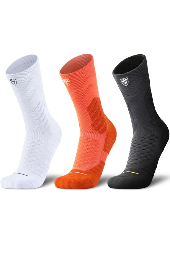 3 Pairs Men's Cushioned Crew Sports Socks, Football/Basketball Socks Arch Support, Moisture-Wicking