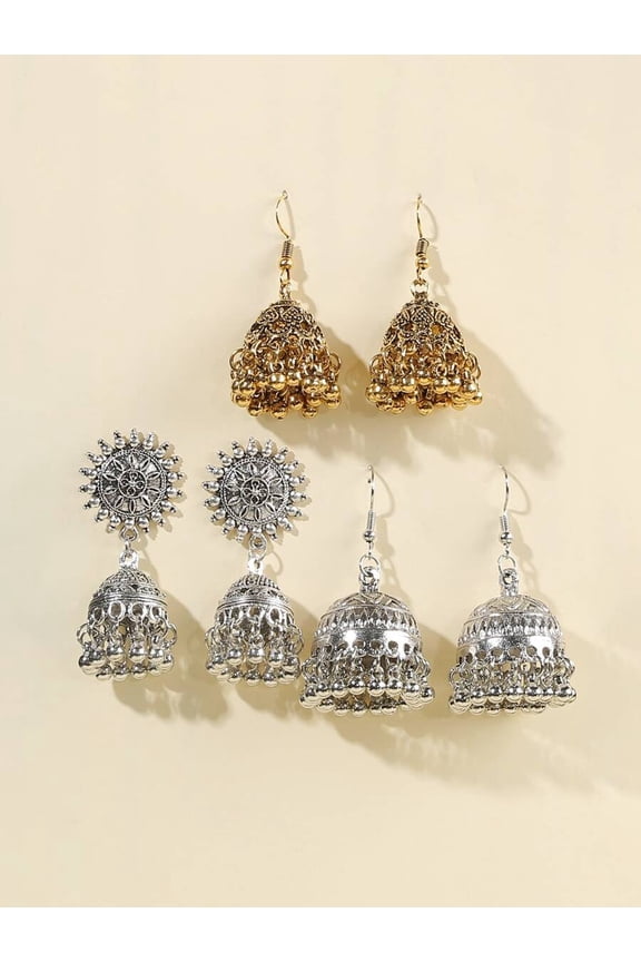 3-Pair Multicolor Jhumka Tassel Drop Earrings Set