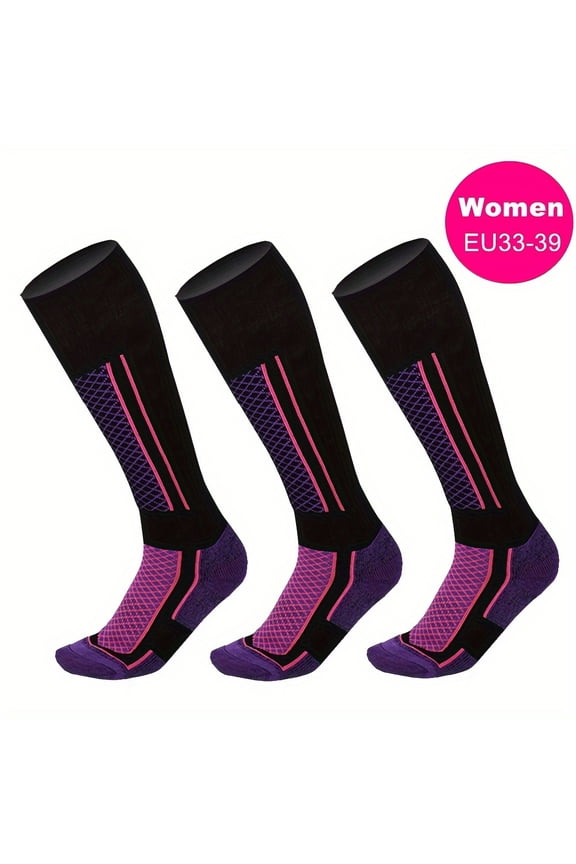 3-Pair Pack Women's One Size Thick Warm Breathable Long Ski Outdoor Sports Socks, Men's and Women's Winter Socks, Warm Socks, Comfortable Winter Wear, Sports Design, Durable Fabric, Reinforced Design