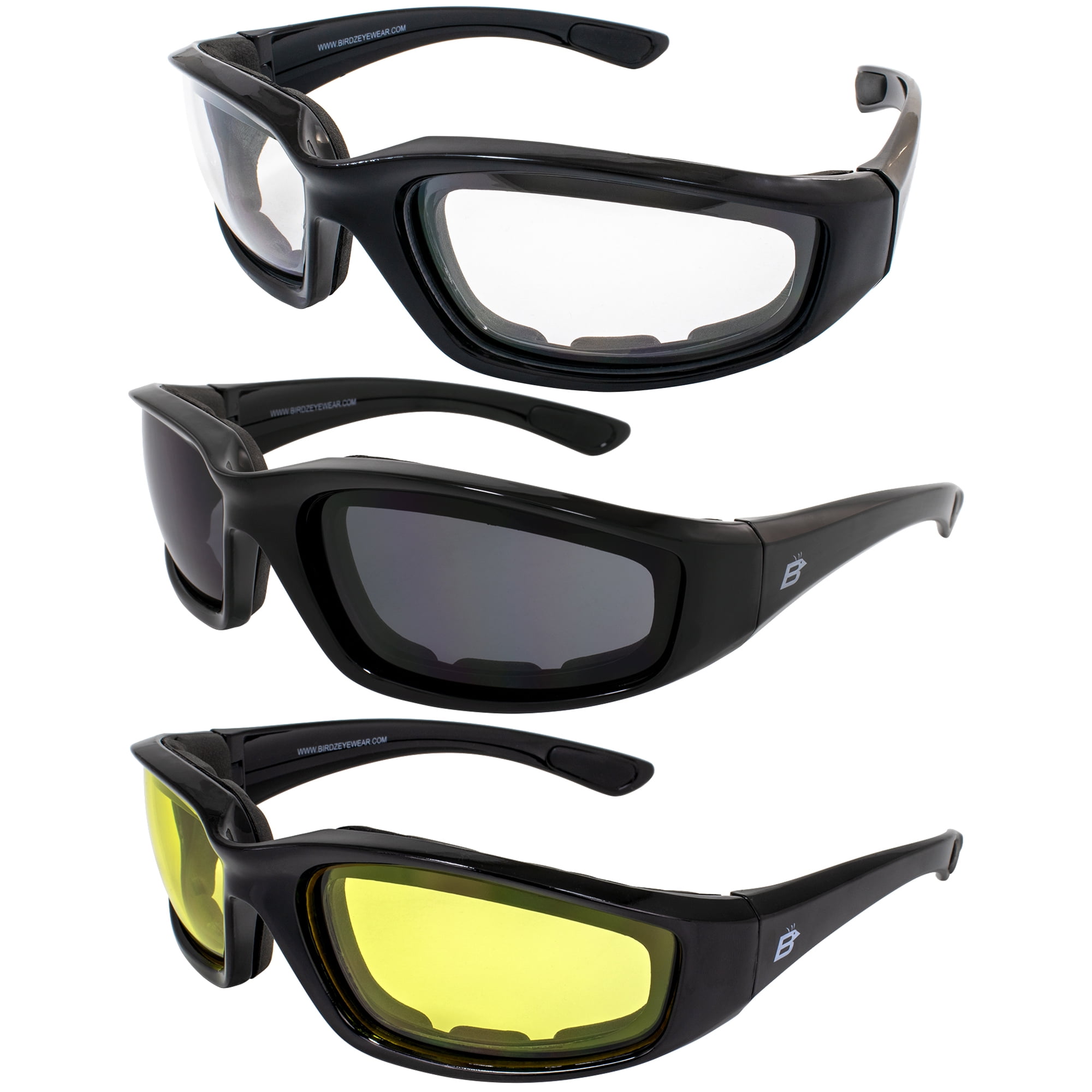 3 Pair Padded Motorcycle Riding Glasses Clear Smoked Yellow Shatter