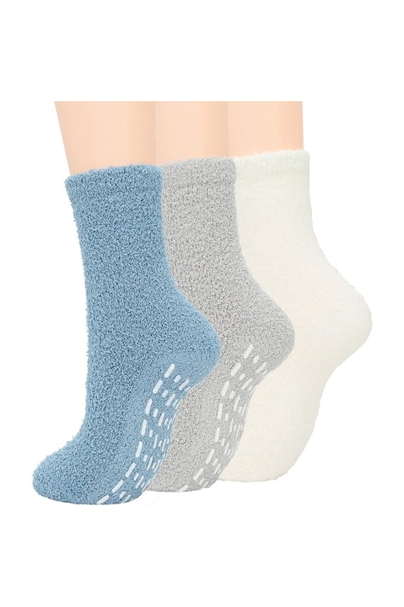 3-Pair Plush Anti-Skid Socks - Ultra Soft with Gripper Soles for Hardwood Floors, Ideal for Elderly, Home & Pilates