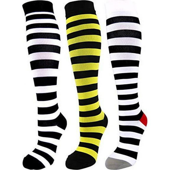 3 Pair Premium Colorful Moderate Graduated Compression Socks 15-20 mmHg. Knee-High Mens & Womens Multi-Color Style Wide Stripe. Large/X-Large