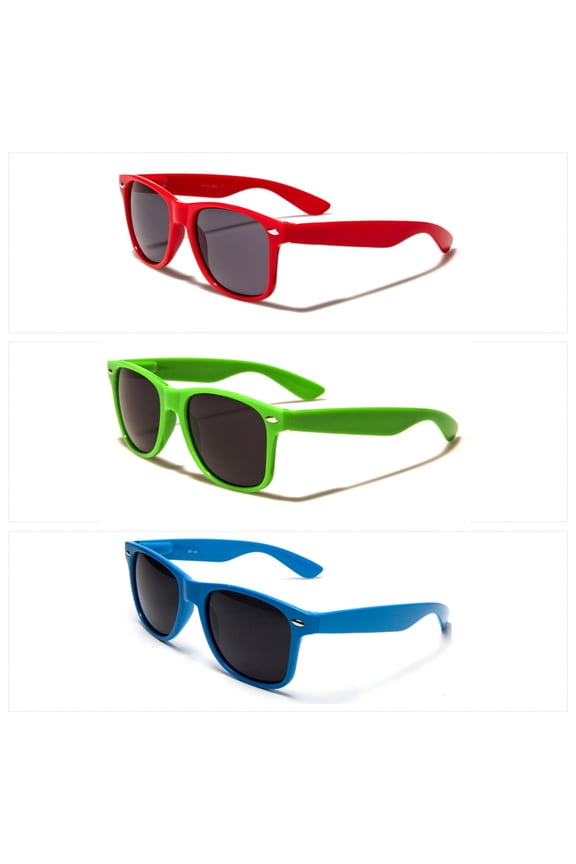 3 Pair Retro Style Sunglasses 1 Red 1 Green 1 Blue All w/ Smoke Lens