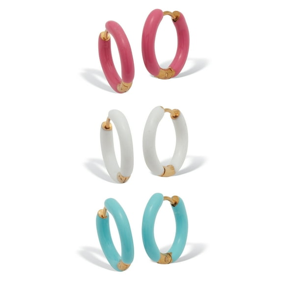 3-Pair Stainless Steel Enamel Color Fun Huggie Hoop Earrings