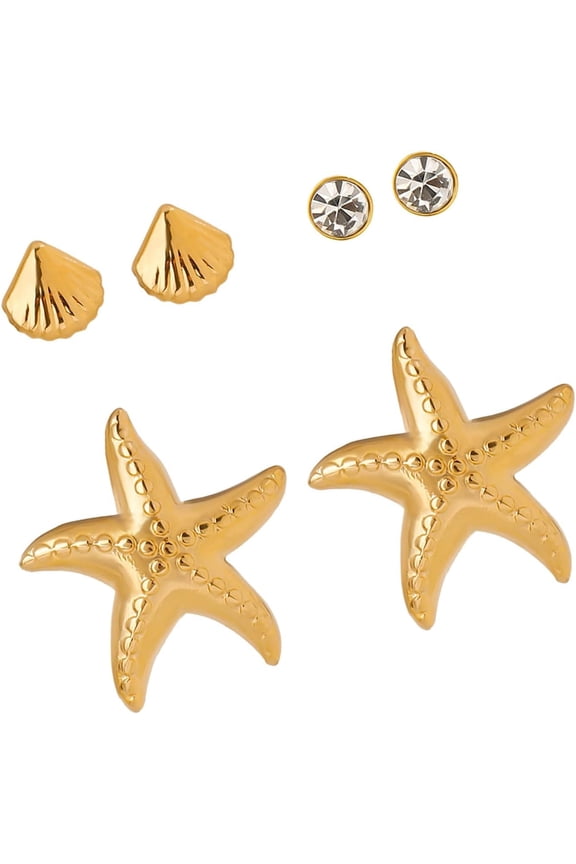 3 Pair Starfishes Shell Earrings Set Fashionable Stackable Ear Studs Sea Inspired Jewelry Accessories for Women, as the pic show, Stainless Steel, No Gemstone[h420]