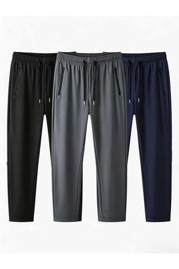 3-Pair Stretch Cool-Touch Fiber Pants All-Season Breathable Quick-Dry Casual Athletic Trousers Featuring Drawstring Waistband And Zippered Side Pockets Ideal for Golf, Fishing, Basketball, Campin