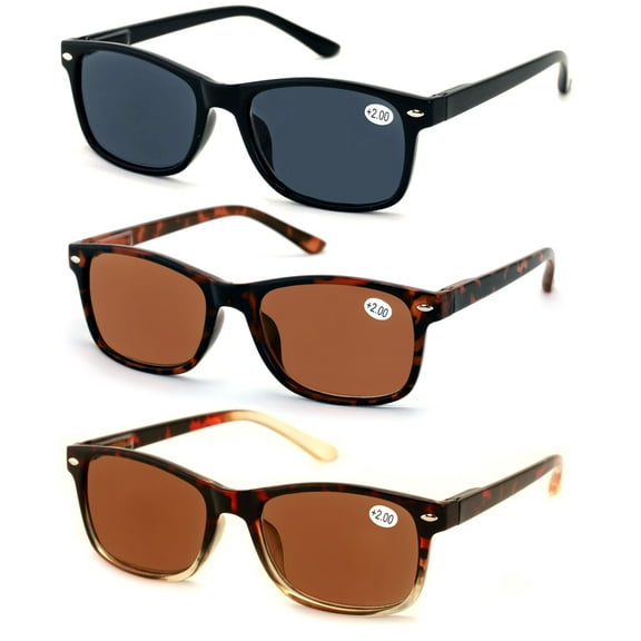 3 Pair Sunglasses Readers For Men Women - Outdoor Tinted Reading Glasses - NOT BIFOCAL +1.00
