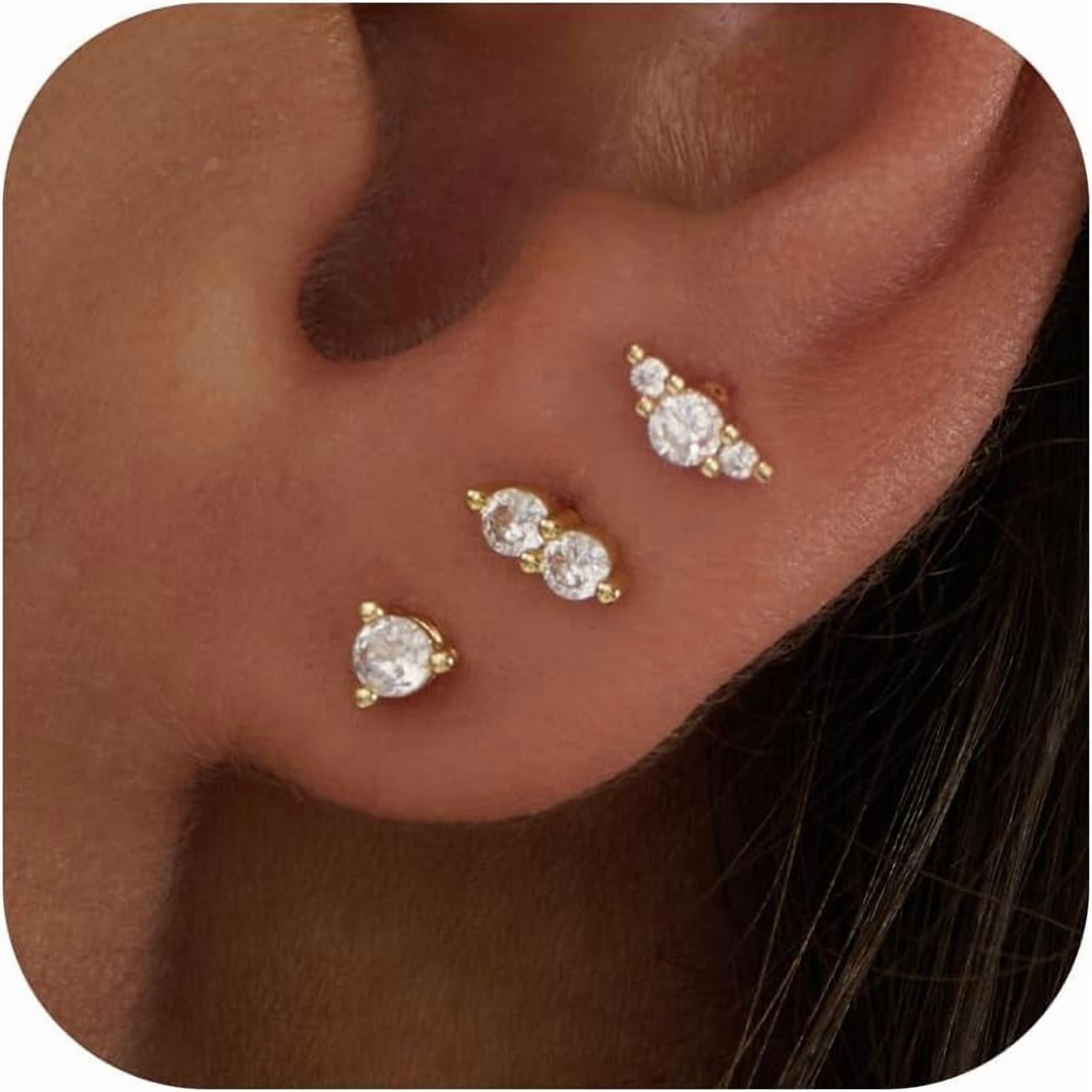 Handmade Tiny Flat Back Stud Earrings: 3 Pairs 14K Gold Plated Screw Flatback 2 3 4mm Cubic Zirconia Earrings Cartilage Piercing Jewelry For Women Helix Tragus Earlobe, 2/3/4mm, Metal, Cubic Zirconia