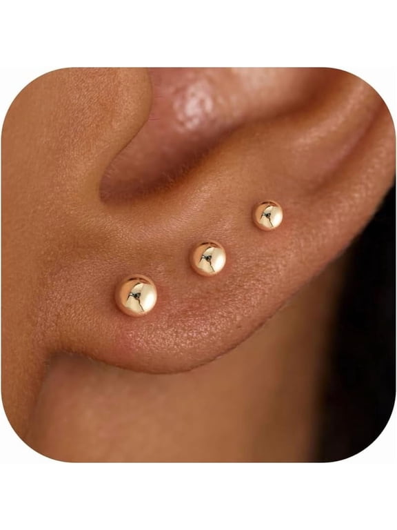 3 Pair Tiny Flat Back Stud Earrings for Women - 14K Gold plated Hypoallergenic Cute Small Screw Flatback Earring Set, Everyday Wear