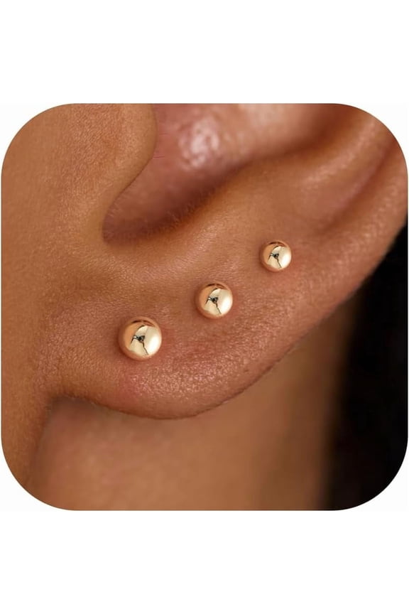 3 Pair Tiny Flat Back Stud Earrings for Women - 14K Gold plated Hypoallergenic Cute Small Screw Flatback Earring Set, Everyday Wear