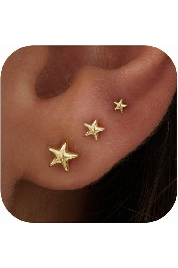 3 Pair Tiny Flat Back Stud Earrings for Women - 14K Gold Plated Hypoallergenic Cute Small Screw Flatback Earring Set, Everyday Wear