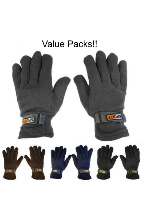 3 Pair Value Pack Mens Subzeros Sport Fleece Lined Adjustable Warm Winter Gloves