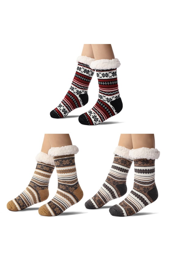 3 Pair Women's Girls Adult Kids Christmas Fuzzy Slipper Socks with Non-Slip Grippers, Cozy Fluffy Blanket Confinement Home Sleep Socks Cute Gifts Floor Socks