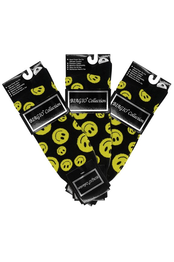 3 Pair of Biagio Solid YELLOW SMILEY FACE Black Color Men's COTTON Dress SOCKS