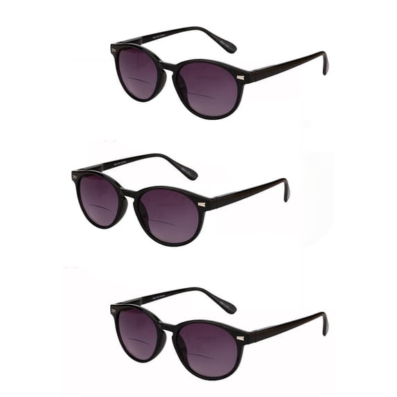 3 Pair of "The Brilliance" Bifocal Sunglasses - Round, Full Frame Reading Sunglasses - Black/Black - 1.50