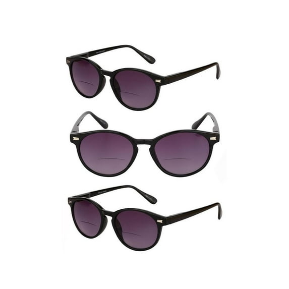 3 Pair of "The Brilliance" Bifocal Sunglasses - Round, Full Frame Reading Sunglasses - Black/Black - 2.00