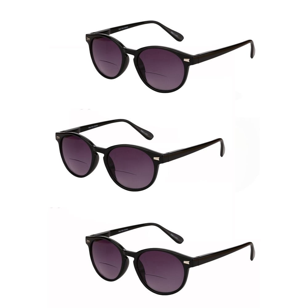 3 Pair of "The Brilliance" Bifocal Sunglasses - Round, Full Frame Reading Sunglasses - Black/Black - 2.00