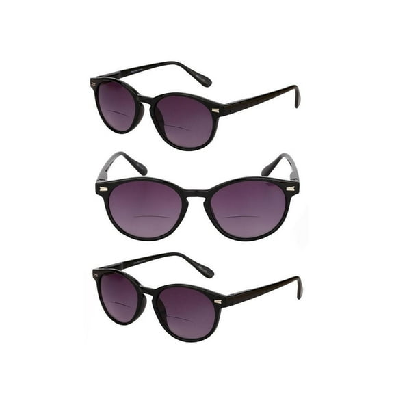 3 Pair of "The Brilliance" Bifocal Sunglasses - Round, Full Frame Reading Sunglasses - Black/Black - 2.50
