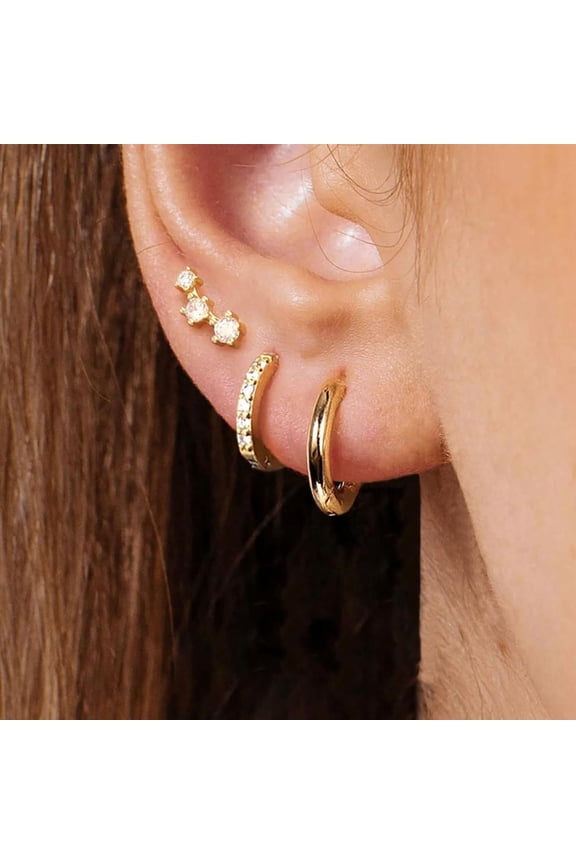 3 Pairs 14K Gold Plated Stud Earrings for Women, Hypoallergenic Cartilage Earrings for Multiple Piercing, Dainty Small Stackable Earrings Set for Jewelry Gift