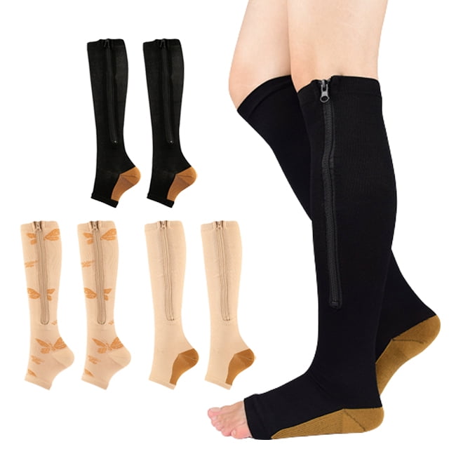 3 Pairs 15-20mmHg Zipper Compression Socks For Women And Men, Knee High ...