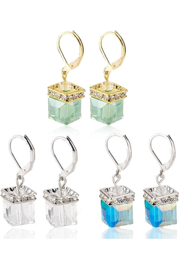 3 Pairs 3 Colors Bling Glass Cube Dangle Leverback Earrings Iron Jewelry for Women Mixed Color 35mm Pin: 1x0.8mm 1 Pair/color for handmaking