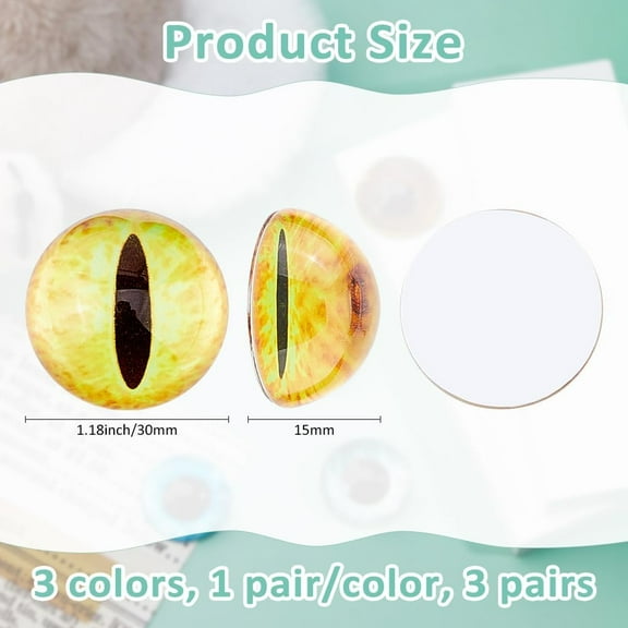 3 Pairs 3 Colors Half Round Eyes 30mm Eyeballs Glass Eyes Cat Eyes Dragon Eyes Glass Dome Eyes Cabochons Safety Eye for Amigurumi Crochet Clay Animals Sculptures Props Jewelry Making