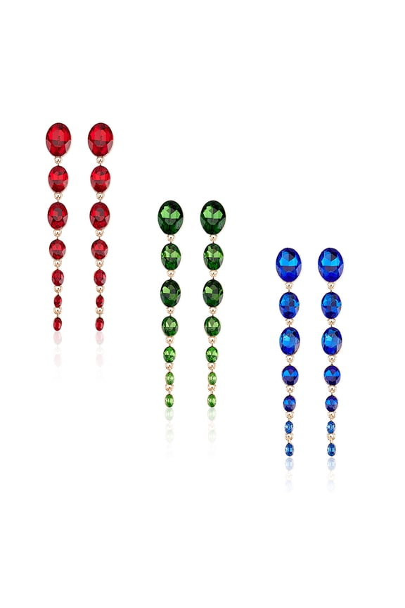 3 Pairs 3 Colors Rhinestone Graduated Beaded Oval Dangle Stud Earrings Light Gold Alloy Tassel Long Drop Earrings Mixed Color 103mm Pin 0.8mm