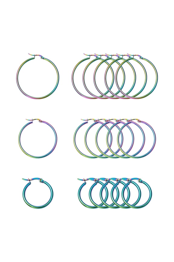 3 Pairs 3 Size 304 Stainless Steel Huggie Hoop Earrings Rainbow Color Hypoallergenic Earrings for Women Rainbow Color 12 Gauge 24~46x2mm Pin: 0.7x1mm 1pair/style