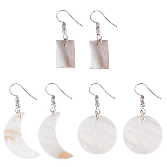 3 Pairs 3 Style Flat Round Moon Rectangle Acrylic Imitation Shell ...