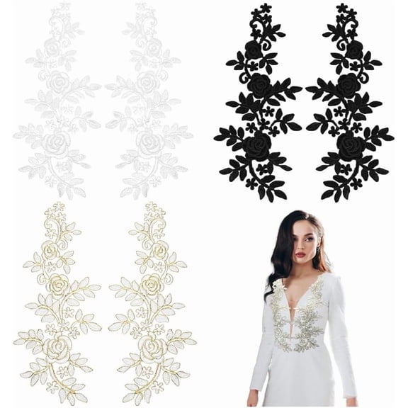 3 Pairs 3 Style Flower Embroidery Lace Applique (White Black Beige 6.5x14.8 inch) Rose Pattern Sew on Patches Polyester Organza Computerized Appliques for Costume Cheongsam Decoration