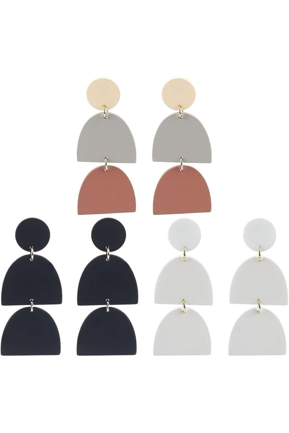 3 Pairs 3 Style Polymer Clay Dangle Stud Earrings with 316 Surgical Stainless Steel Pins Half Round Flat Round Mixed Color 61.5~62x26.5mm for Handmade