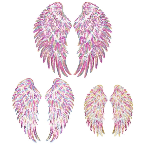 3 Pairs 3 styles Wings Glitter Sequin Cloth Patches Polyester Embroidery Appliques Sewing Craft Decoration Fuchsia 189~340x90~170x0.5~0.8mm 1 pair/style