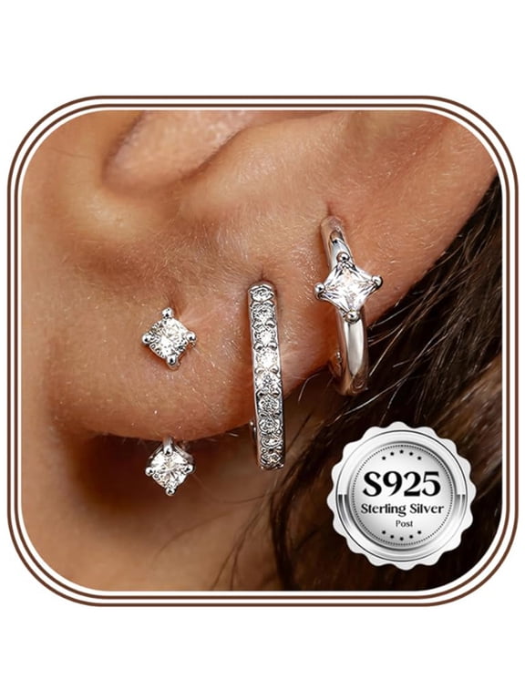3 Pairs 925 Sterling Silver Earrings for Women,Small Hypoallergenic Huggie Hoop Earrings Sets for Multiple Piercing, CZ Cartilage Earrings Stacks Trendy Earrings for Sensitive Ears Jewelry Gifts