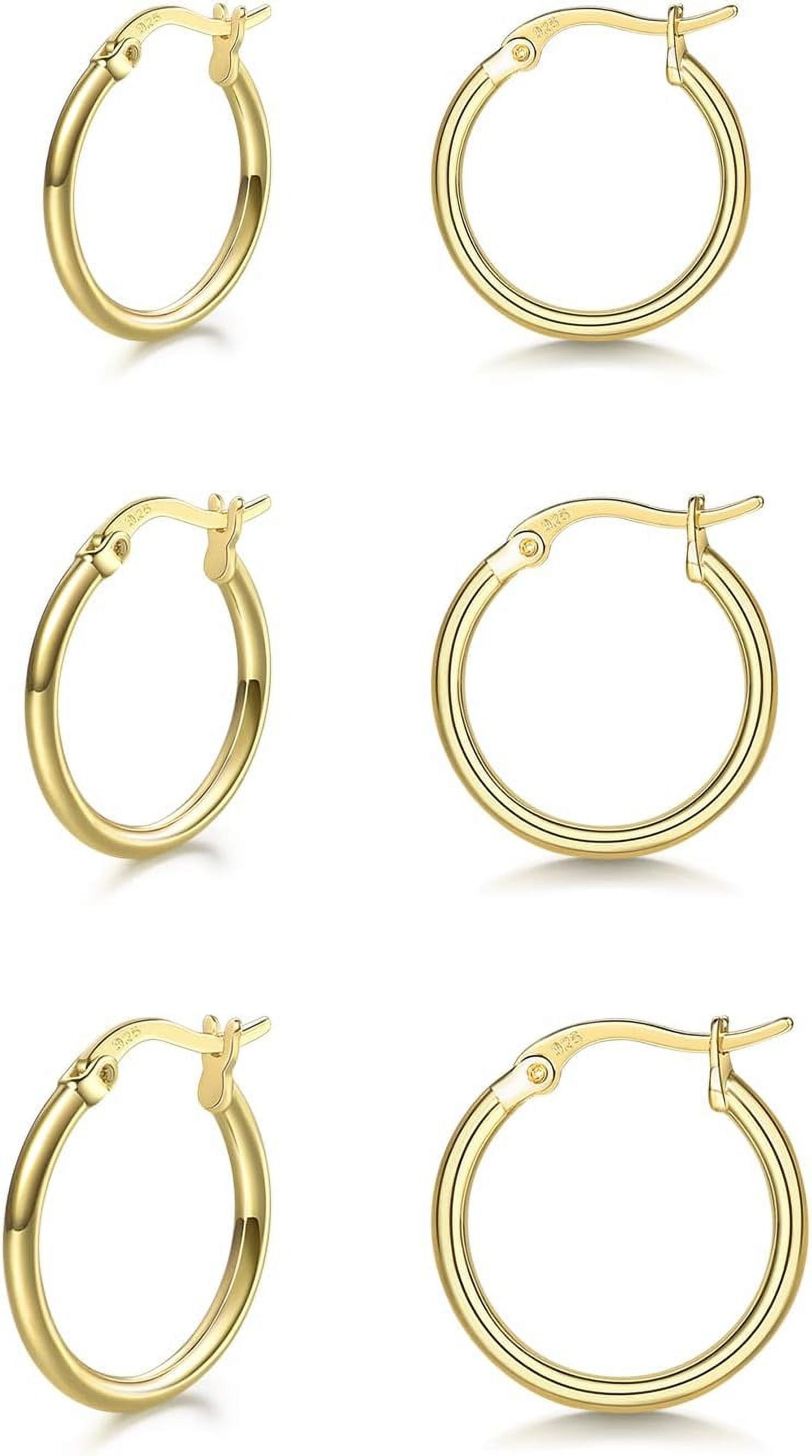 3 Pairs 925 Sterling Silver Hoop Earrings Small White Gold Plated